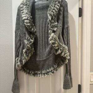 Boston Proper Gray Sweater with Faux Fur Trim